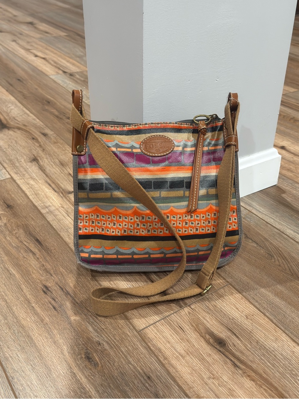 FOSSIL Vintage Southwestern Aztec Print Artisan Leather Crossbody Boho Bag